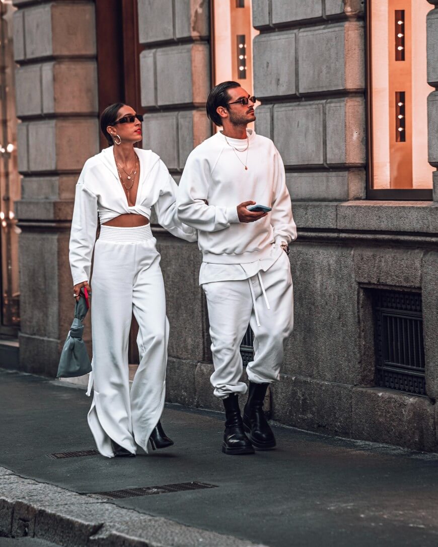 couple wearing stylish loungewear in white