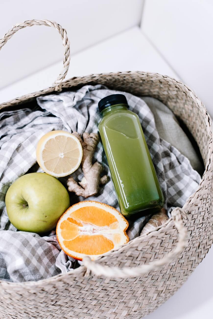 green juice and fruit
