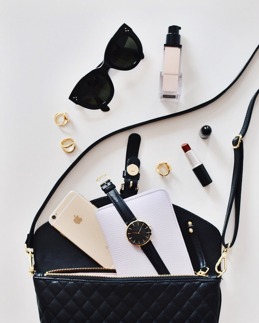 handbag with lipstick and iphone case
