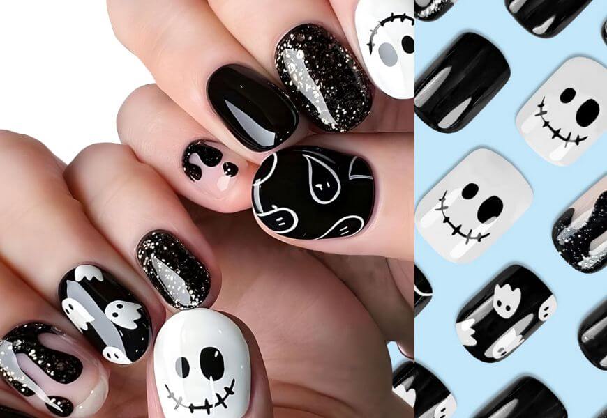 black glitter ghost nail design