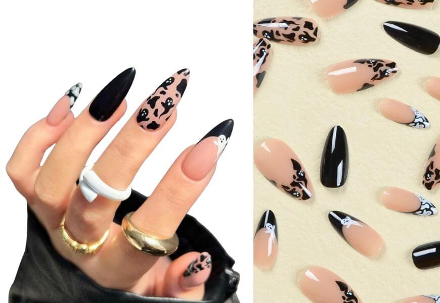 black ghost halloween nails
