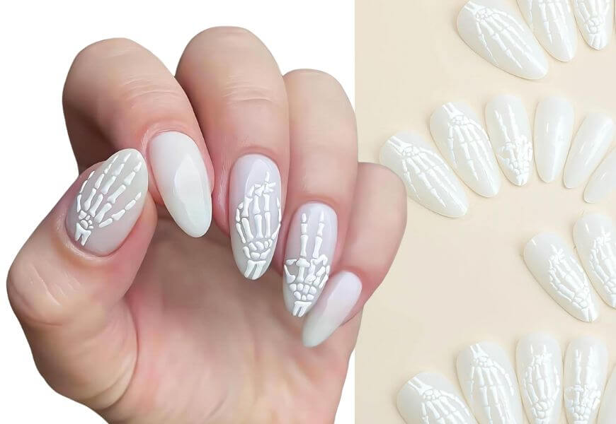 white skeleton hand nail tips