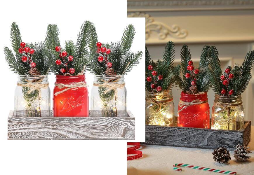 mason jars with christmas decor