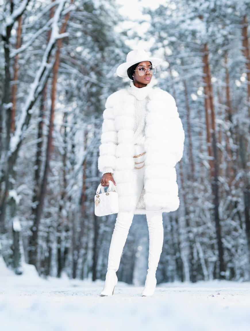 white faux fur coat outfit