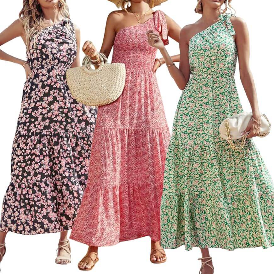 one shoulder floral maxi