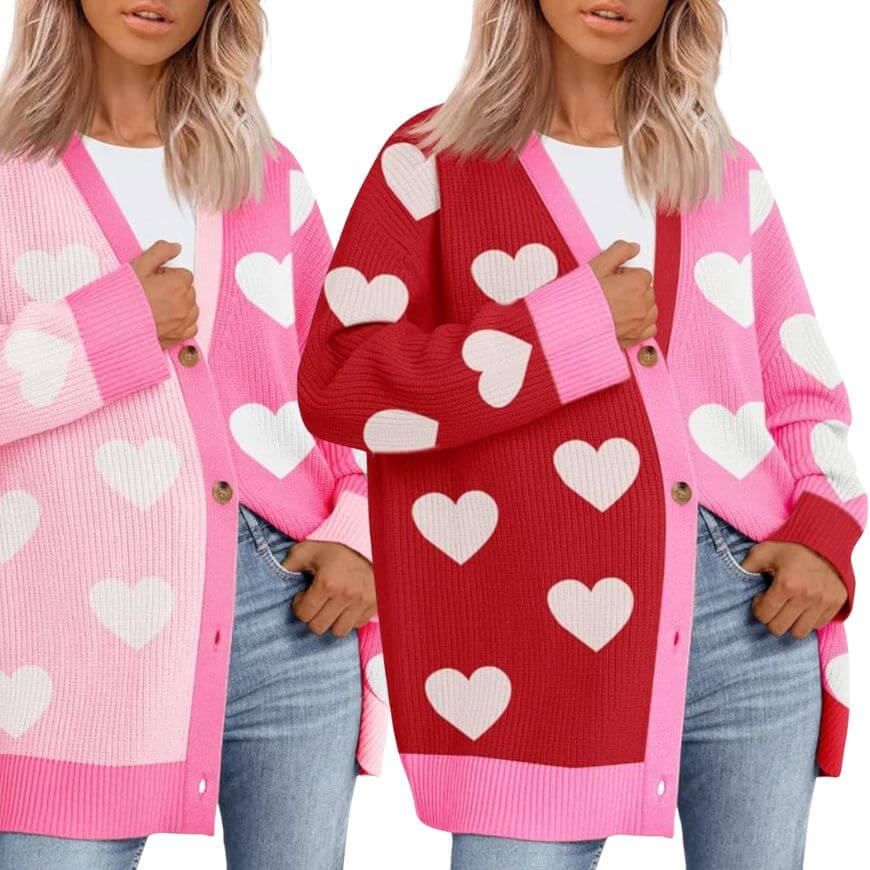 pink and red cardigan
