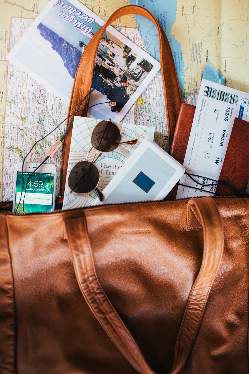travel bag with headphones and sunglasses
