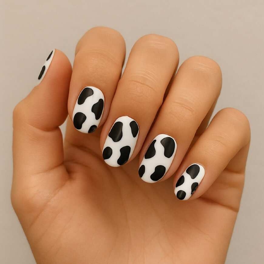 black and white nails with a cow print
