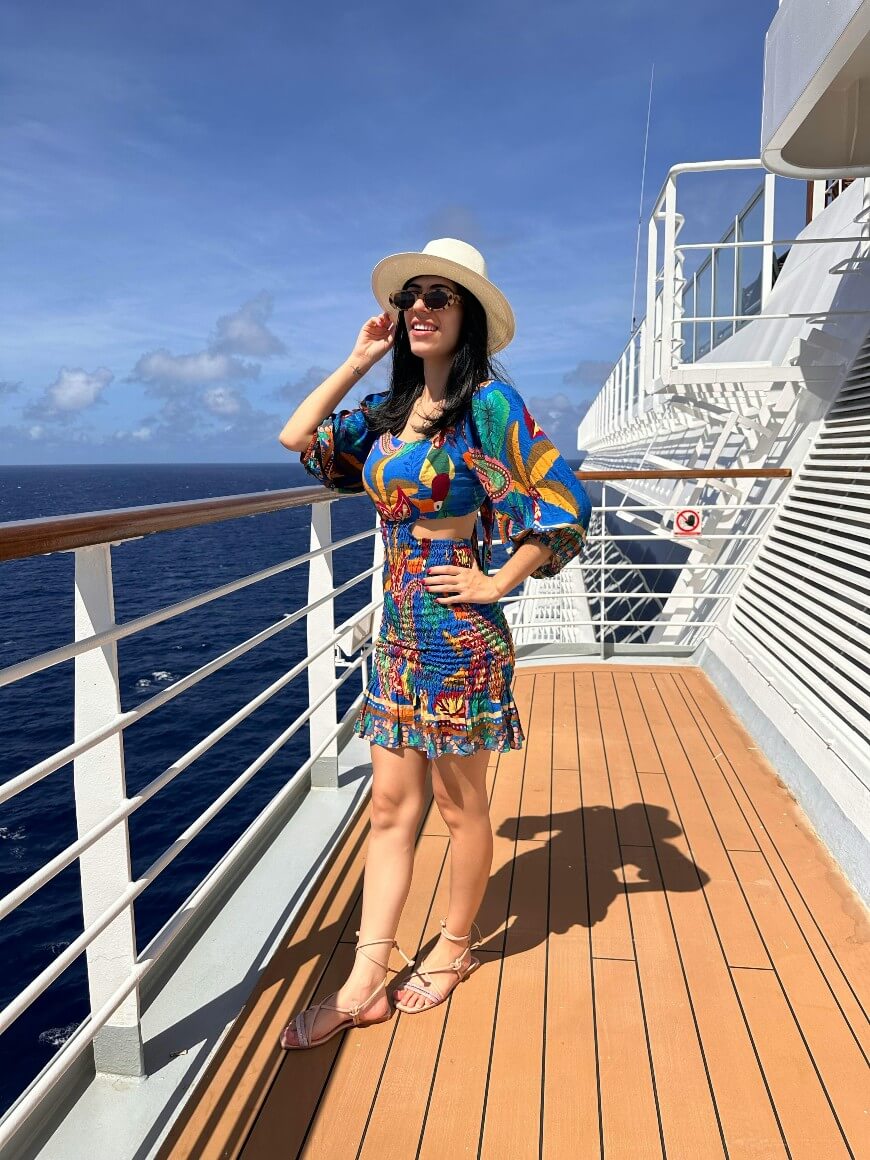 woman in dress onboard cruise liner