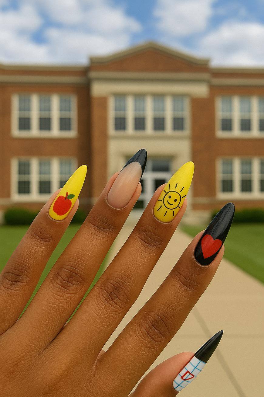 A hand with long, colorful nails featuring designs of an apple, a smiley sun, a heart, and a blue grid is held up in front of a large brick school building.