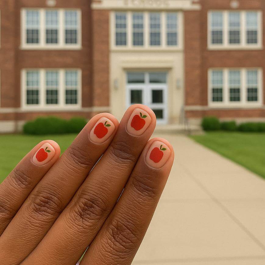 A hand with nails painted with red apple designs is held up in front of a large brick school building with white-framed windows.