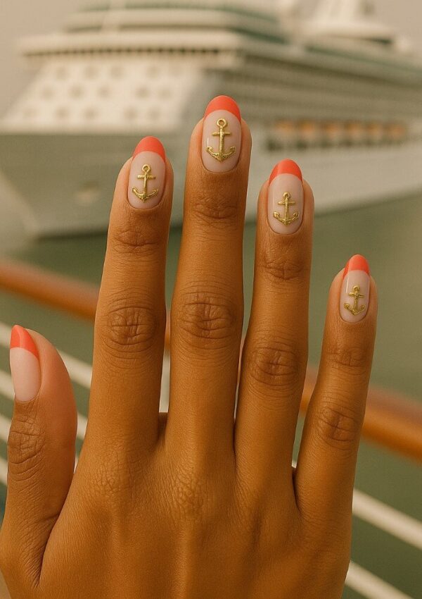 A hand with a coral French manicure and gold anchor nail art is held up in front of a large cruise ship docked at a port.