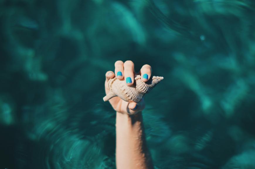 A hand with blue-painted nails holds a seashell above the surface of clear, blue-green water.