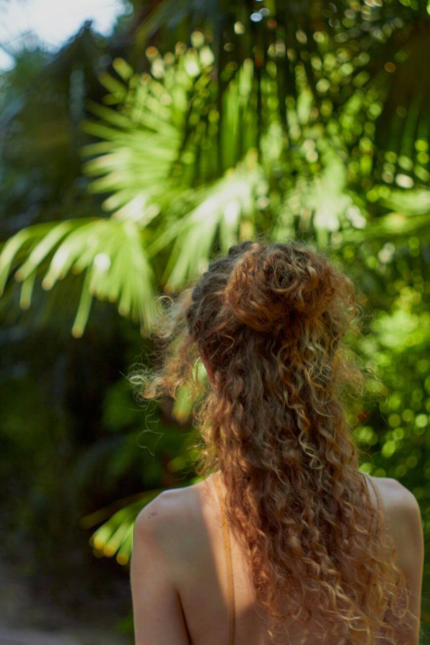 A person with curly, reddish-brown hair stands outdoors, seen from behind, with lush green palm fronds blurred in the background.