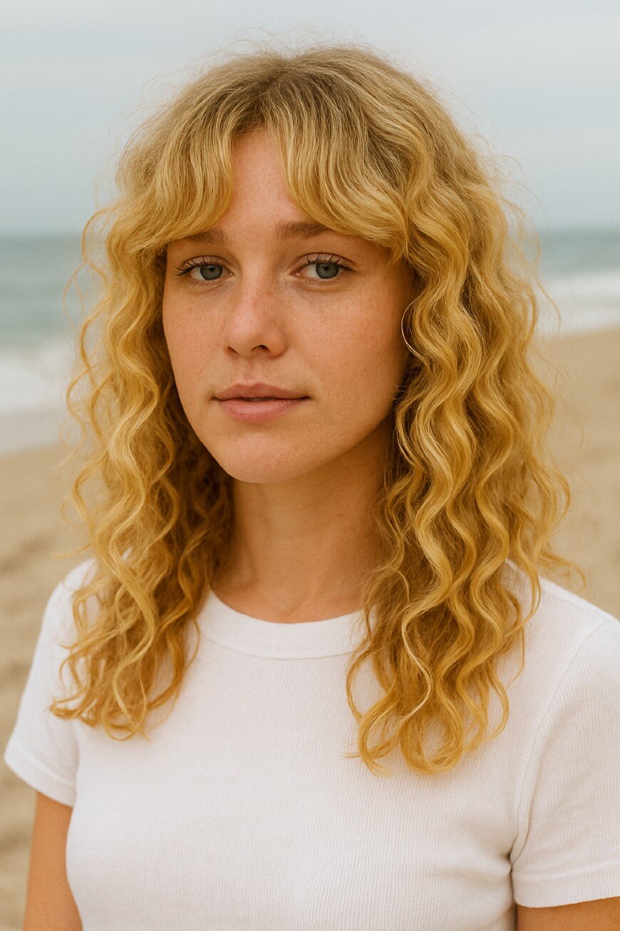 curly blonde hairstyle curtain bangs