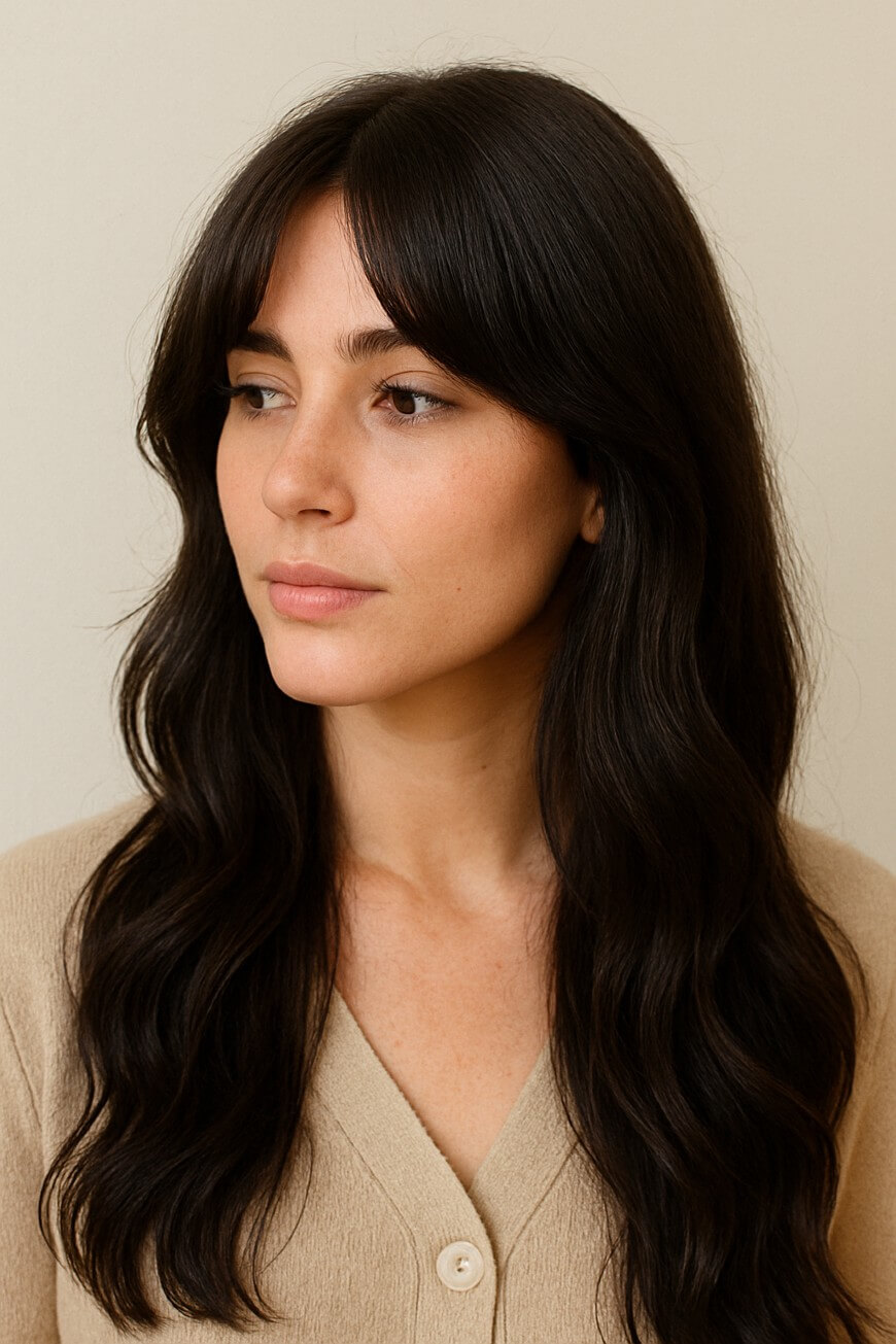 long hair with face framing curtain bangs