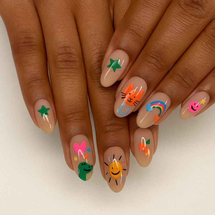 Hands with nude-colored nail polish featuring playful, colorful designs: stars, a cat face, a rainbow, a smiling sun, a green dinosaur, and heart shapes, all on short, rounded nails.