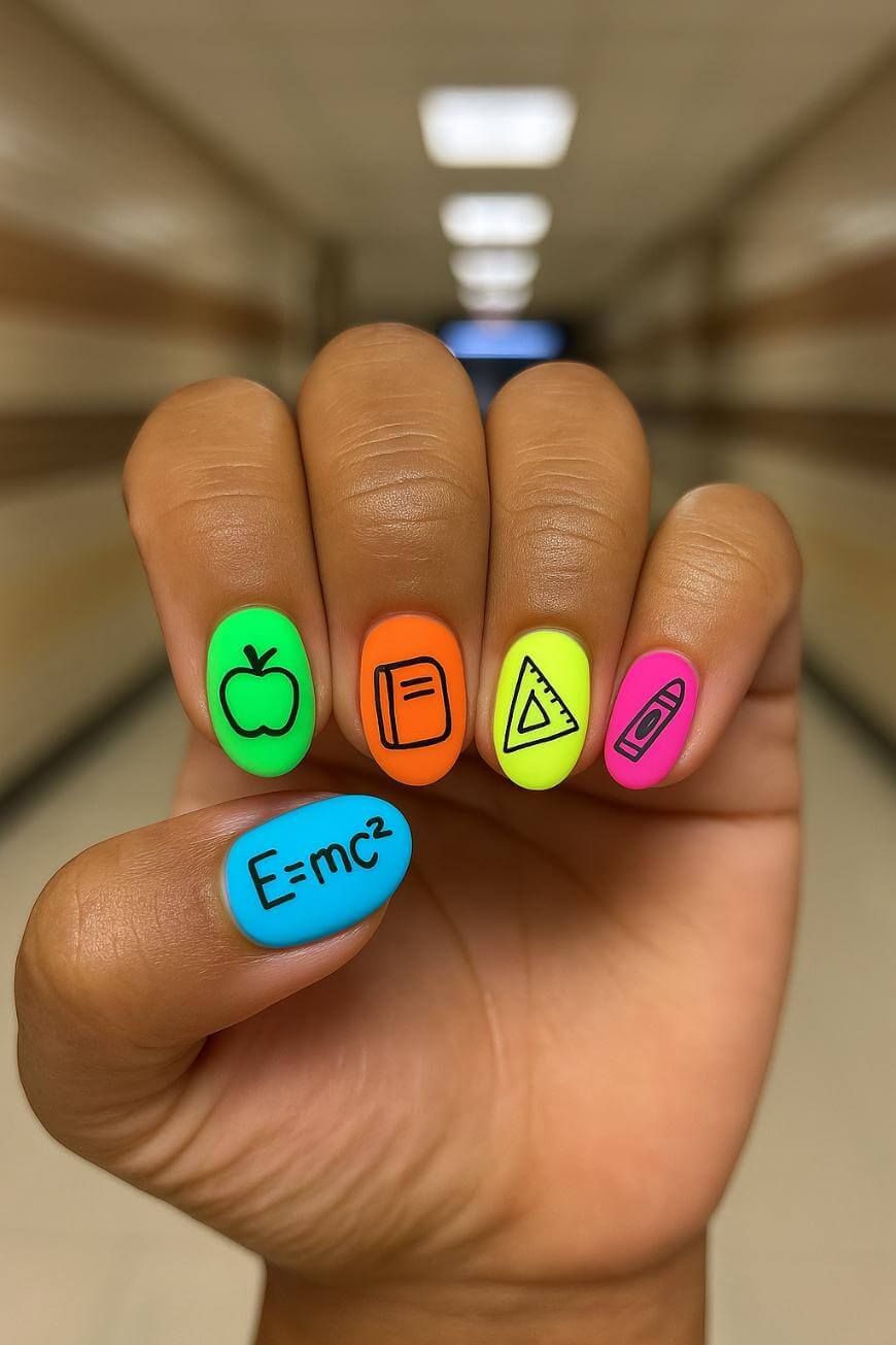 A hand with neon-colored nails featuring black school-themed designs: a green apple, orange book, yellow triangle ruler, pink crayon, and blue nail with E=mc², against a blurred hallway background.