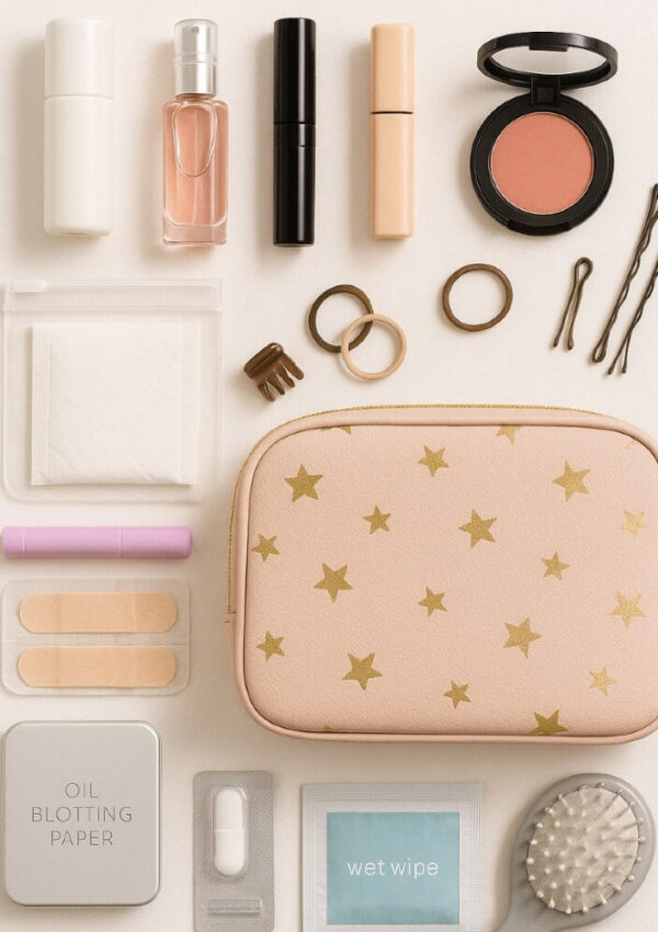 Flat lay of a peach makeup bag with gold stars, surrounded by cosmetics, hair ties, bobby pins, compact blush, oil blotting paper, wet wipe, cotton pads, bandages, a brush, and perfume bottle.
