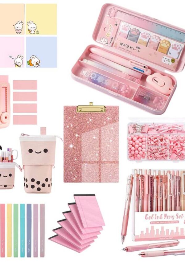 A collection of cute pastel pink and purple stationery, including gel pens, sticky notes, a glitter clipboard, a pencil case with animal designs, a pen holder, a box of paper clips, and index tabs.