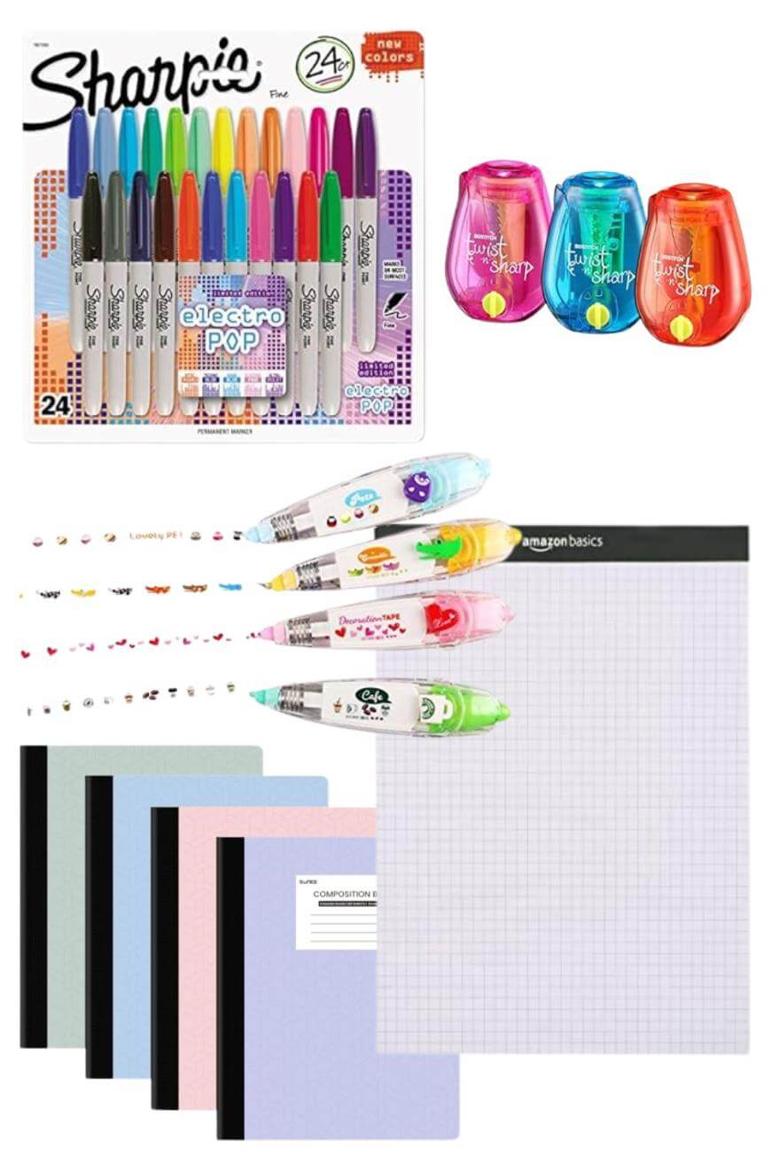A collection of colorful Sharpie markers, three twist pencil sharpeners, three correction tape rollers with cute designs, and four pastel notebooks arranged neatly on a white background.