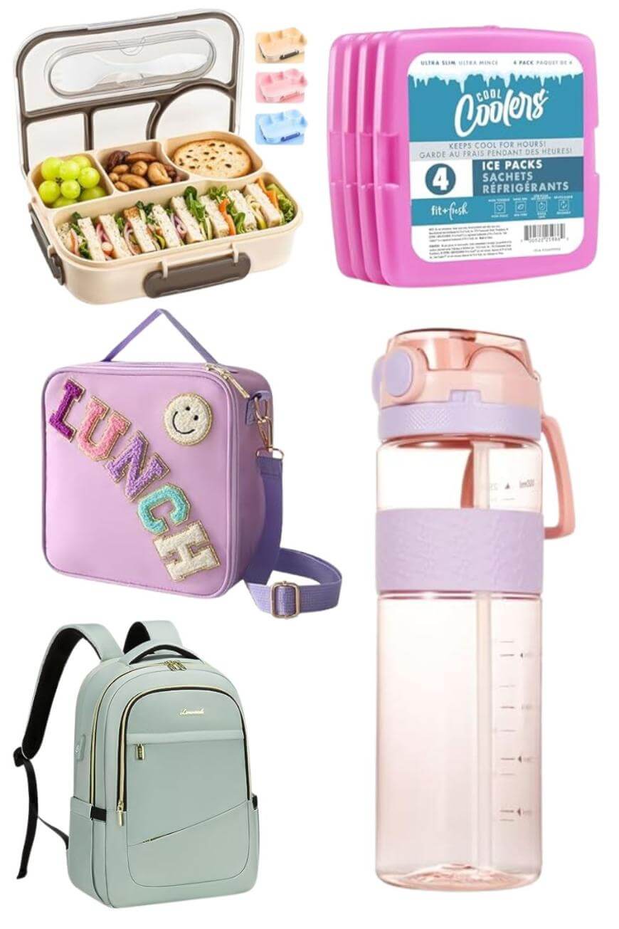 A collage shows a bento lunch box with food and utensils, a set of pink ice packs, a purple lunch bag with “LUNCH” patches, a pastel water bottle, and a light green backpack.