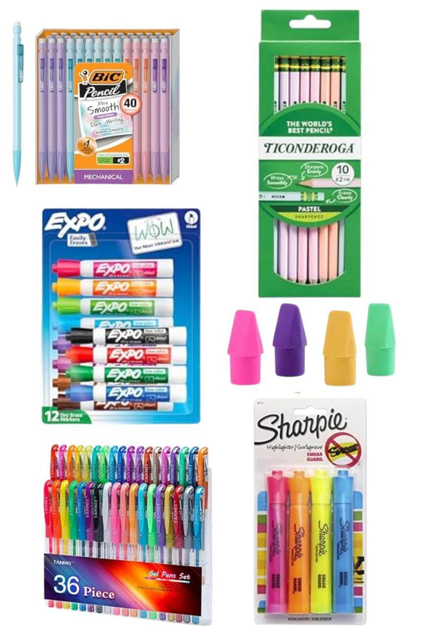 A collection of school supplies including mechanical pencils, regular pencils, dry erase markers, eraser caps, ballpoint pens, and highlighters in various colors, all in their original packaging.