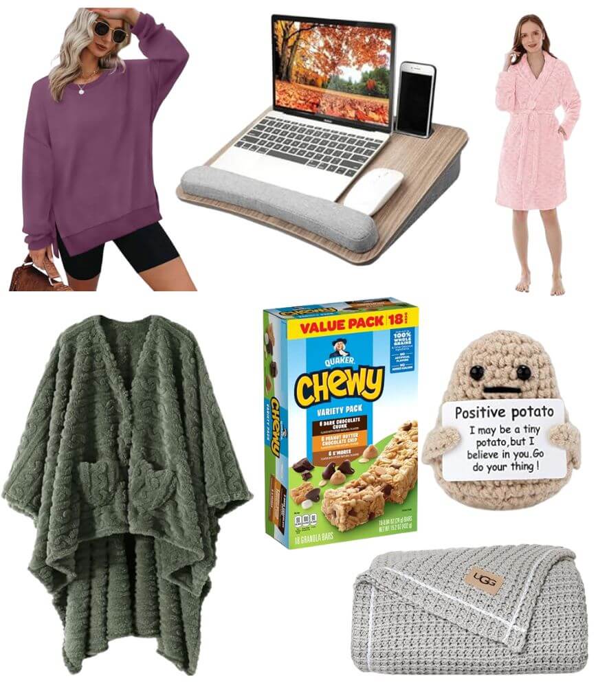 A collage featuring a woman in a purple oversized sweatshirt, a lap desk with a laptop, a woman in a pink robe, a chunky green knit cardigan, Quaker Chewy bars, a plush potato with an encouraging message, and a gray UGG blanket.