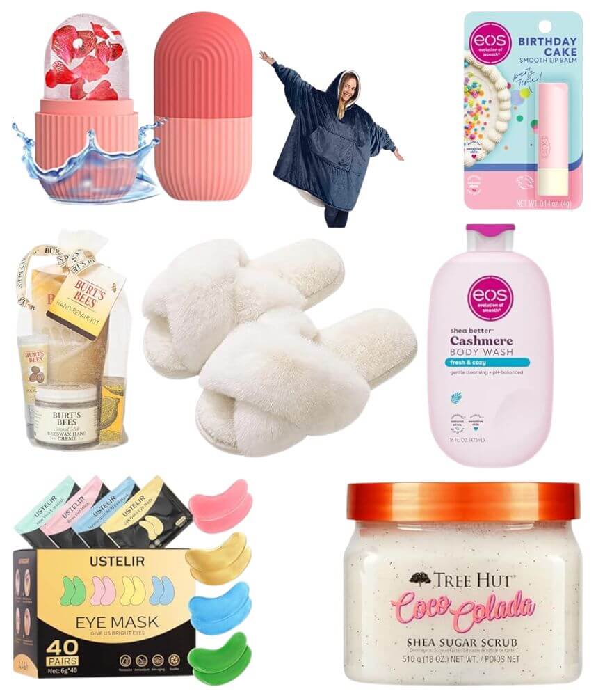 A collage of cozy and self-care items, including a red silicone brush, an oversized hoodie blanket, a birthday cake lip balm, a gift set with lotion and candle, fluffy white slippers, body wash, under-eye masks, and coconut sugar scrub.