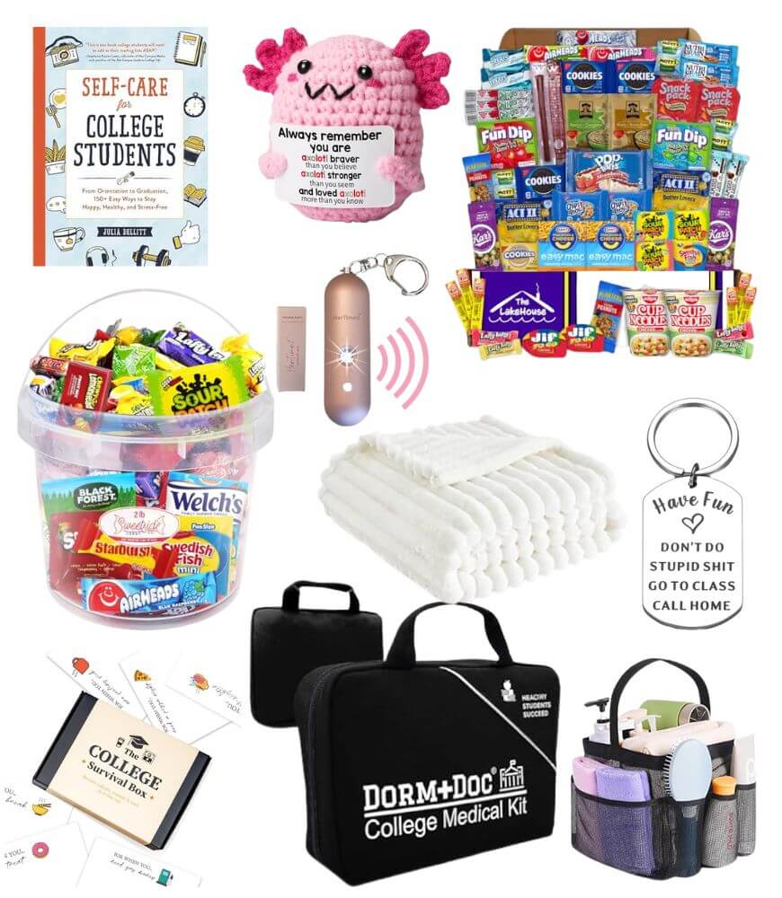 A collage of college student care package items, including snacks, a self-care book, plush toy, personal alarm, cozy socks, keychains, a stationery set, a first aid kit, and a toiletries organizer.