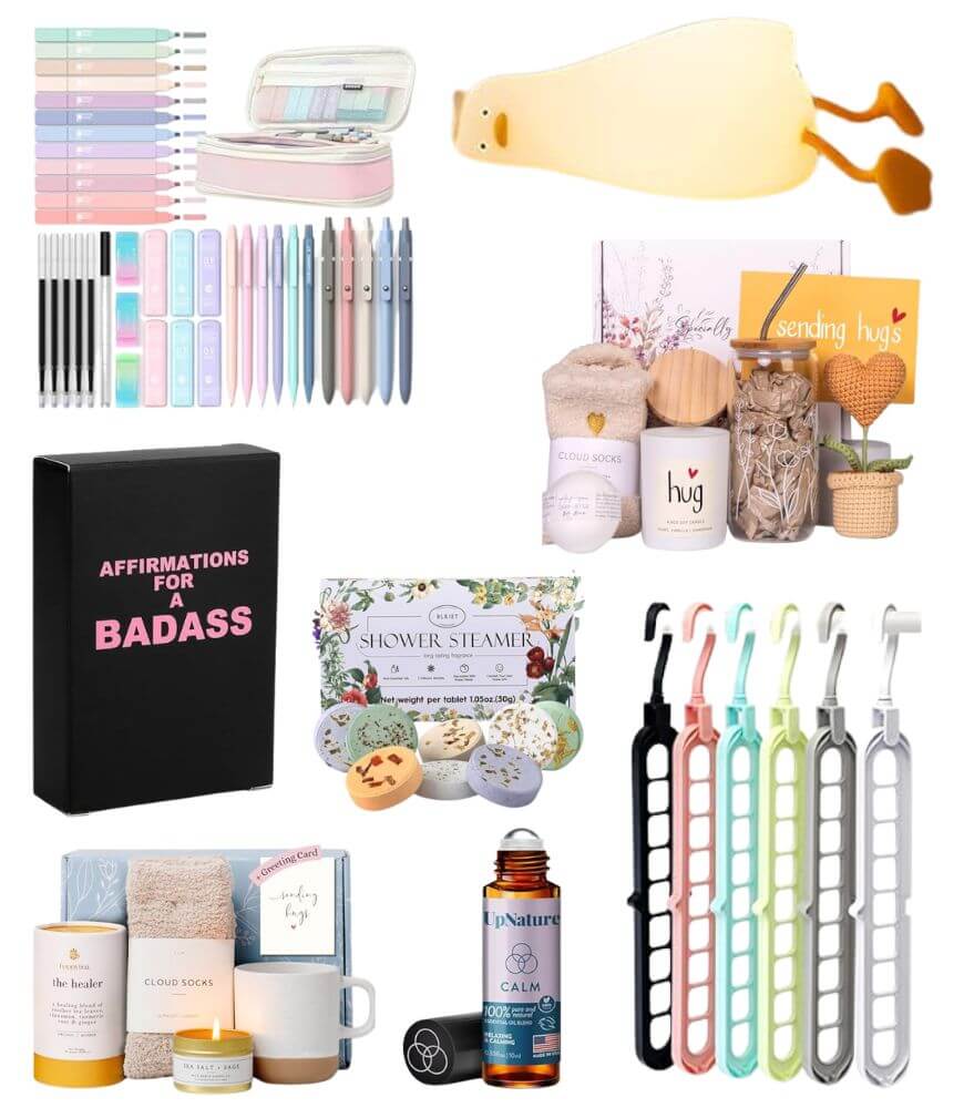 A collage of gift items including colorful pens, a yellow whale-shaped pouch, affirmation cards, themed gift boxes, a set of shower steamers, essential oil, foldable hangers, and various cozy self-care products.
