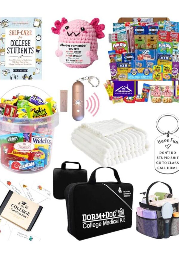 A collage of college care package gift ideas including snacks, a self-care book, plush axolotl, keychains, a portable alarm, medical kit, blanket, and an organizer filled with personal care items.