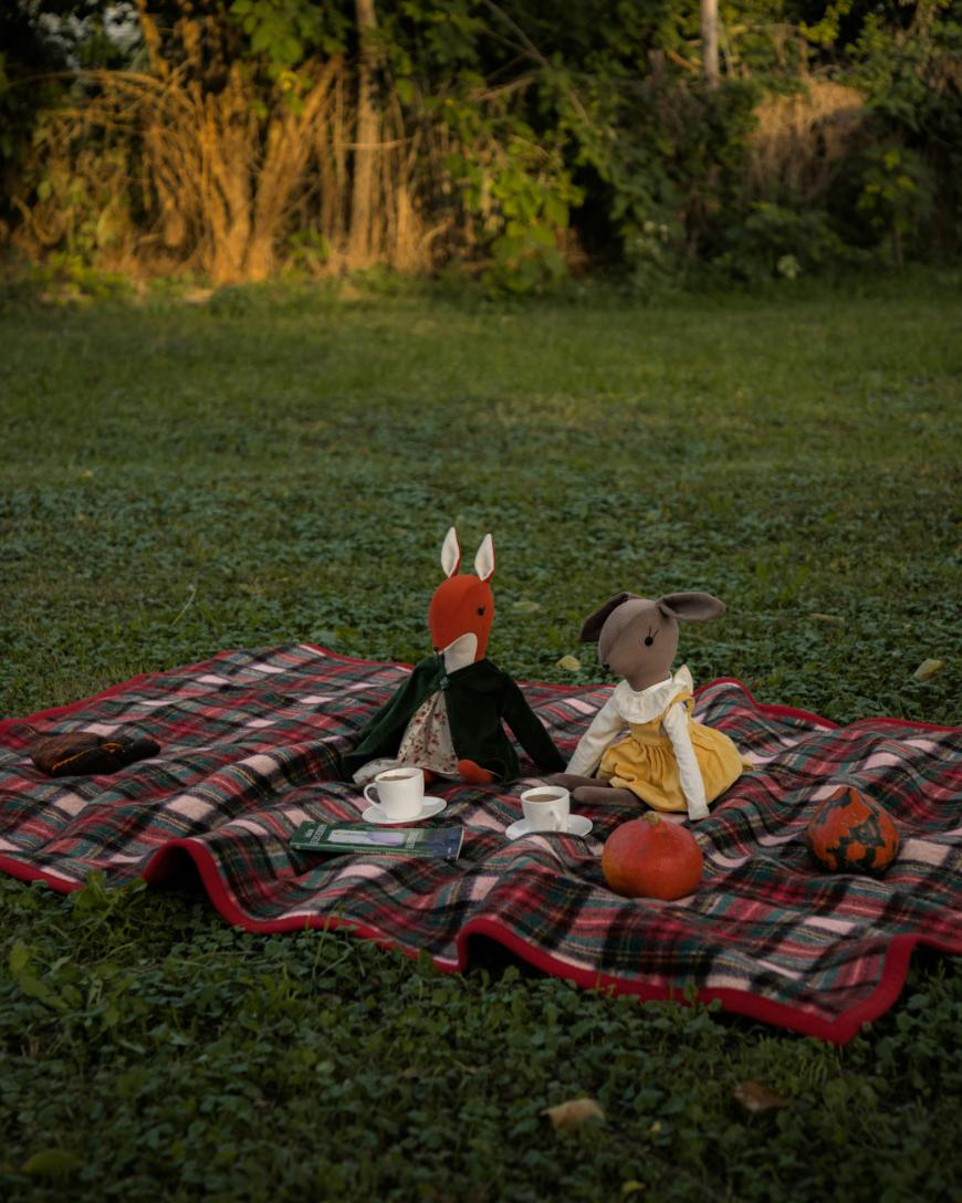 Two plush animal dolls, one a fox and the other a rabbit, sit on a plaid blanket having a tea party outdoors. Toy teacups, saucers, and a couple of pumpkins are arranged on the blanket, with grass and trees in the background.