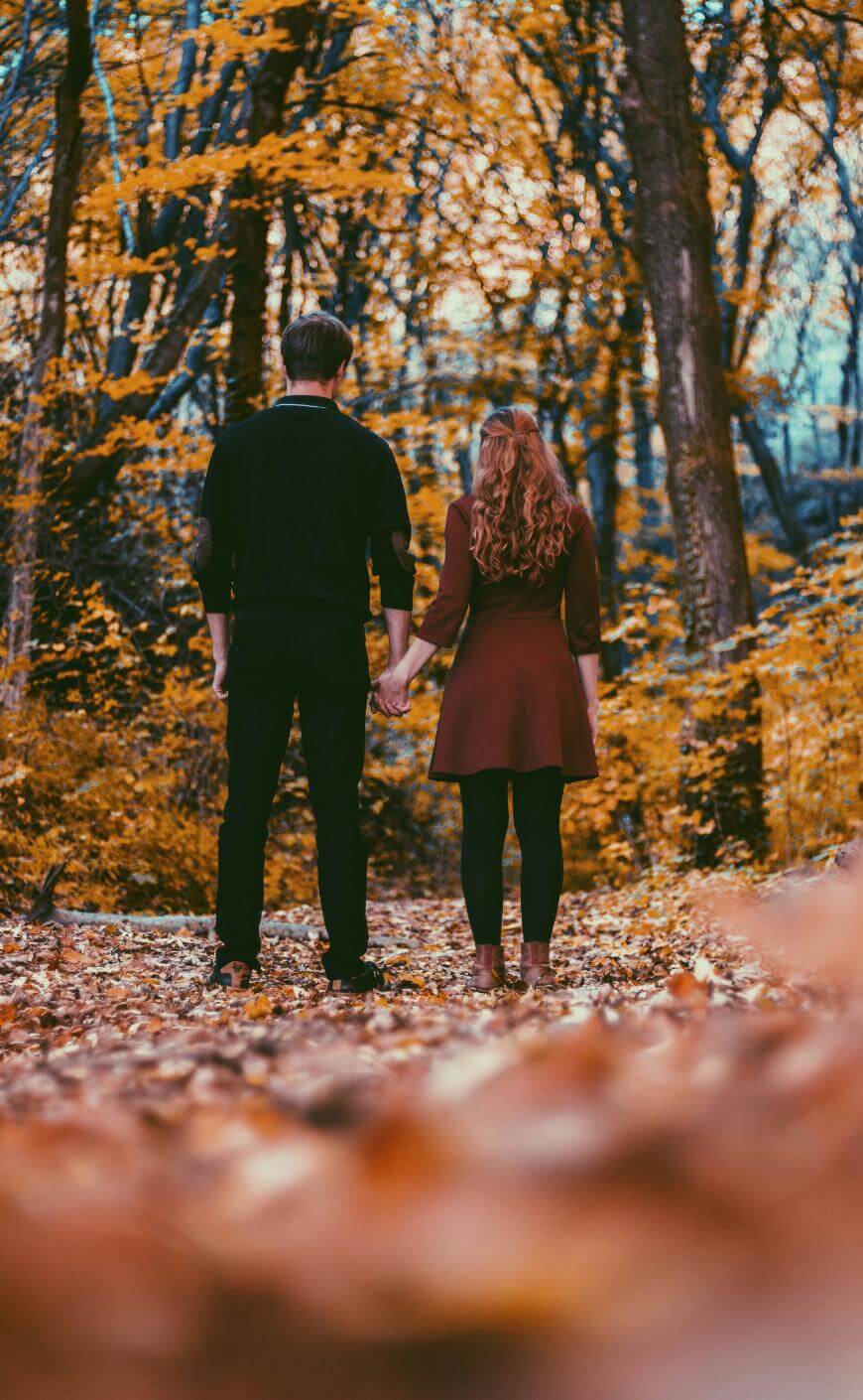 A couple stands hand in hand on a leaf-covered path in a forest with autumn foliage, facing away from the camera. The scene is filled with warm, golden colors of fall leaves.
