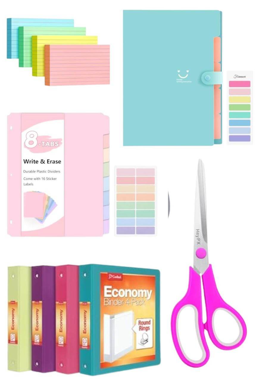 A collection of colorful school supplies including index cards, folders, tab dividers, binders, sticker labels, and a pair of pink scissors, all arranged on a white background.