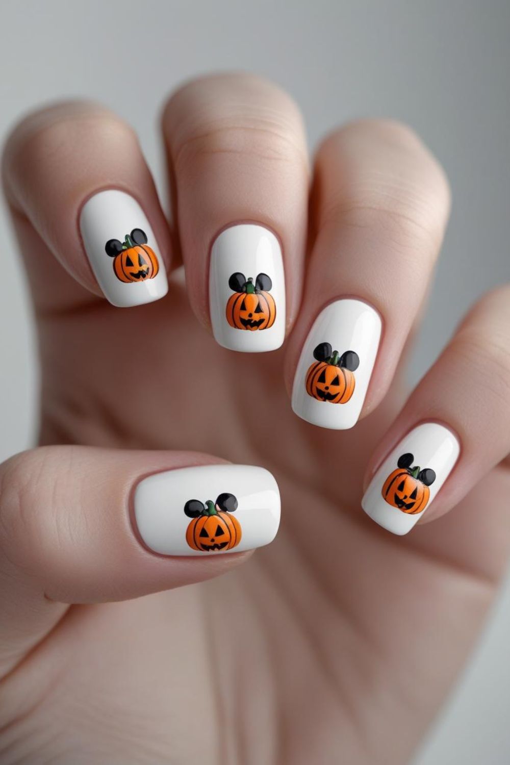 A hand with white-painted nails features cute Halloween-themed pumpkin faces with black Mickey Mouse ears on each nail. The background is blurred and neutral.