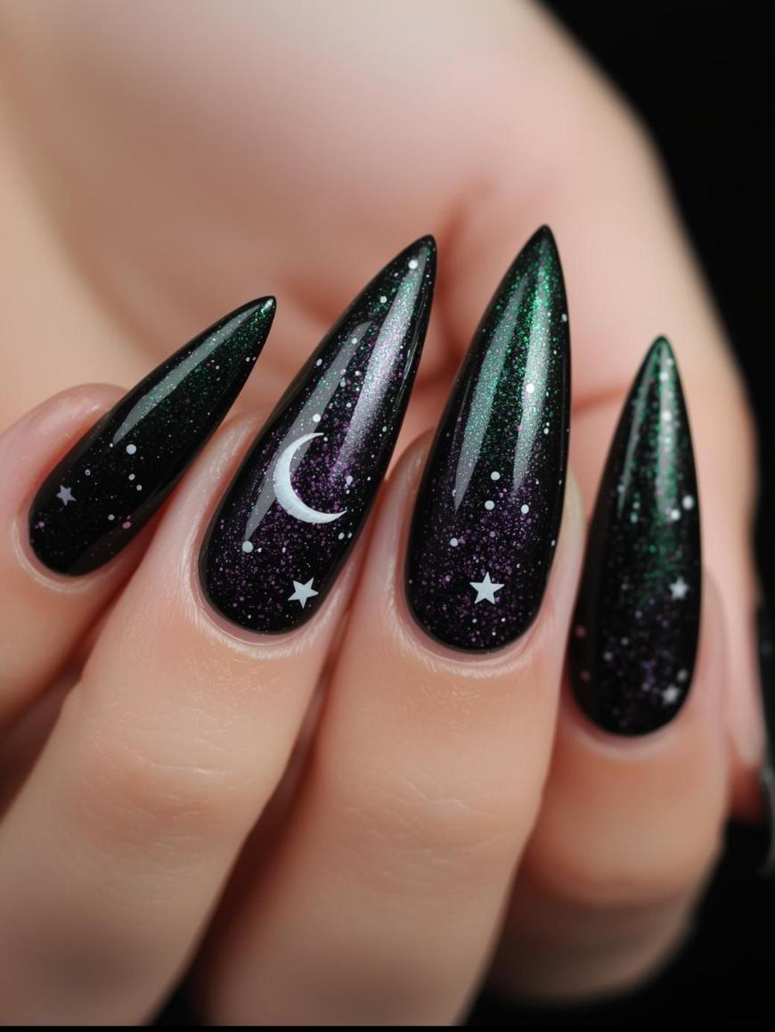 A hand with long, pointed nails painted in a dark, glittery galaxy design, featuring tiny stars and a crescent moon accent on two nails.