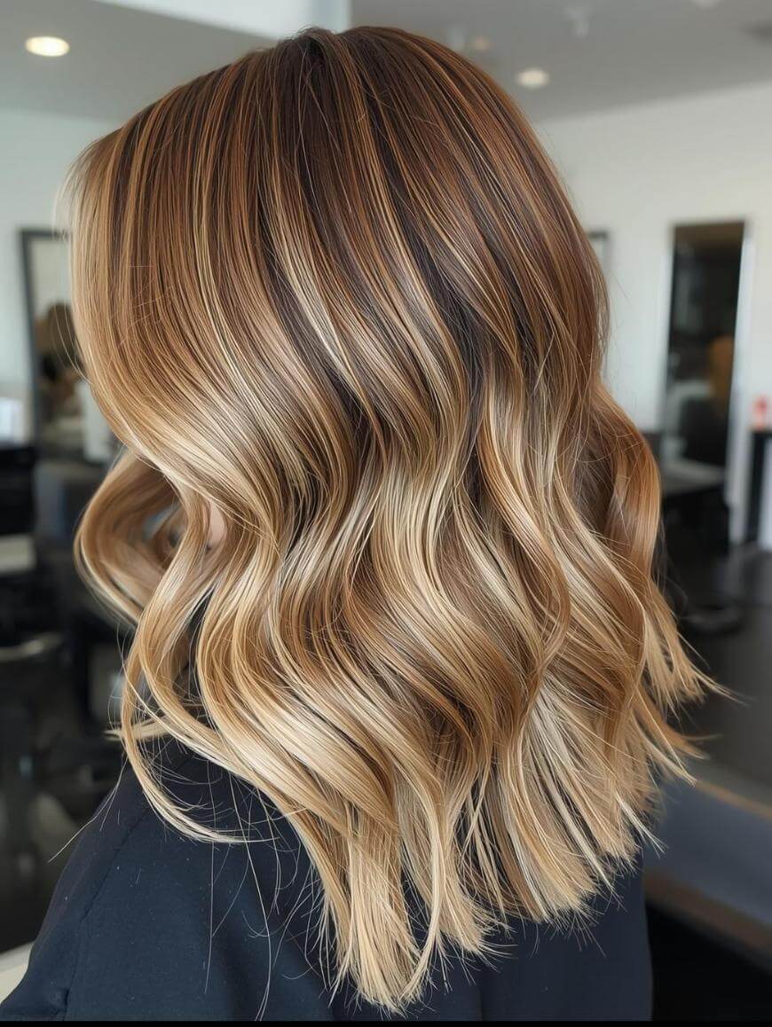 A person with wavy, shoulder-length hair featuring a blend of caramel, blonde, and brown highlights, sitting in a modern hair salon. The focus is on the hair from the back.