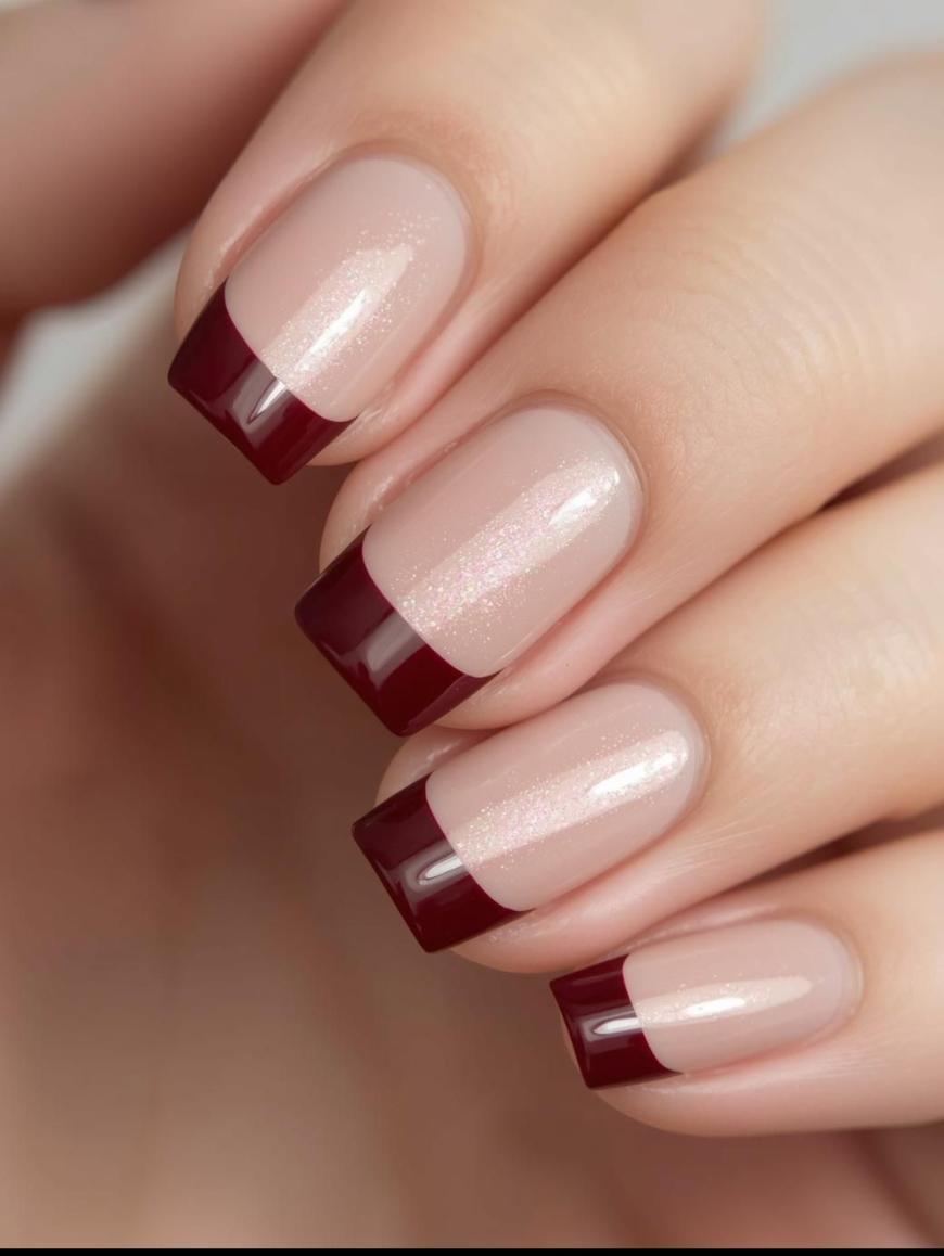 A close-up of a hand with neatly manicured nails featuring a light pink base and deep burgundy French tips. The nails are shiny and well-shaped, with a subtle shimmer on the base color.