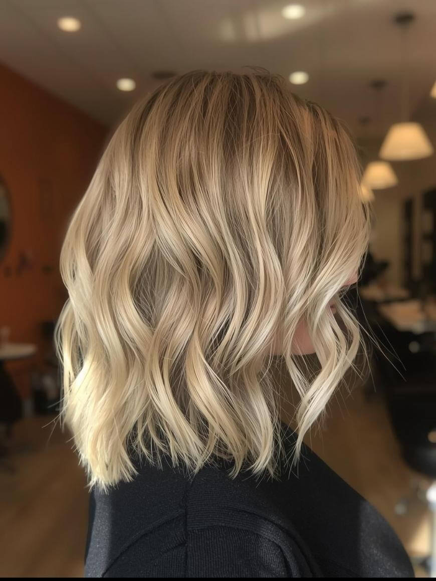 A woman with shoulder-length, wavy blonde hair and darker roots is shown in profile inside a modern hair salon, wearing a black top. The background features warm lighting and blurred salon decor.