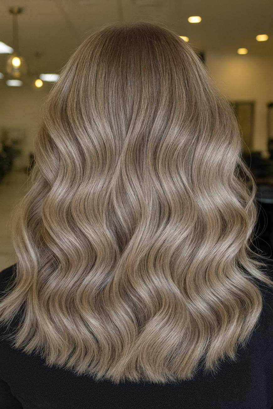 A person with mid-length, wavy, ash blonde hair faces away from the camera in a well-lit salon. The hair has soft, defined waves and a smooth, shiny texture.