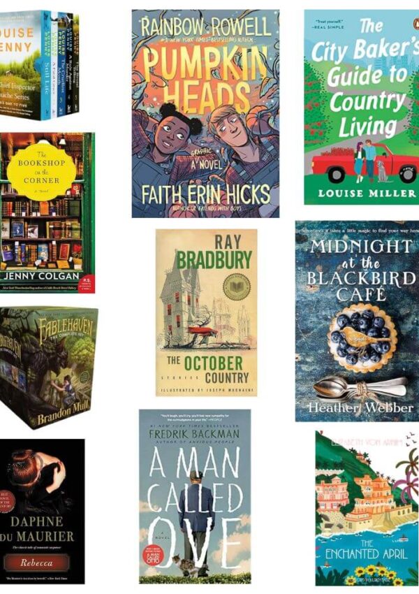 A collage of colorful book covers arranged in a grid, featuring titles such as “Pumpkinheads,” “A Man Called Ove,” “The City Baker’s Guide to Country Living,” “Rebecca,” and “The Enchanted April.”.