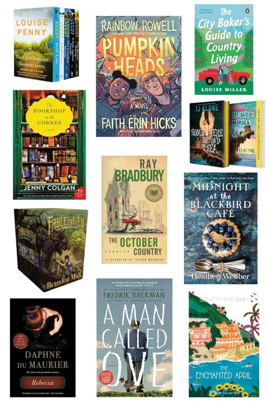A collage of twelve colorful book covers, featuring titles by various authors, including fiction, fantasy, and cozy novels. Books include A Man Called Ove, Pumpkinheads, Fablehaven, and The Enchanted April.
