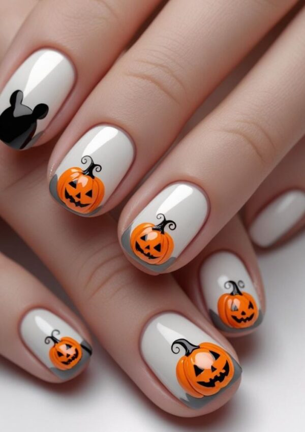 Close-up of fingernails with white polish, decorated with orange jack-o’-lanterns and a black Mickey Mouse head silhouette for a Halloween-themed nail art design.