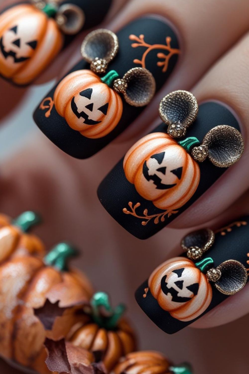 Close-up of black matte nails with detailed 3D Halloween pumpkin designs, featuring orange jack-o’-lantern faces and gold embellishments, surrounded by decorative pumpkin shapes.