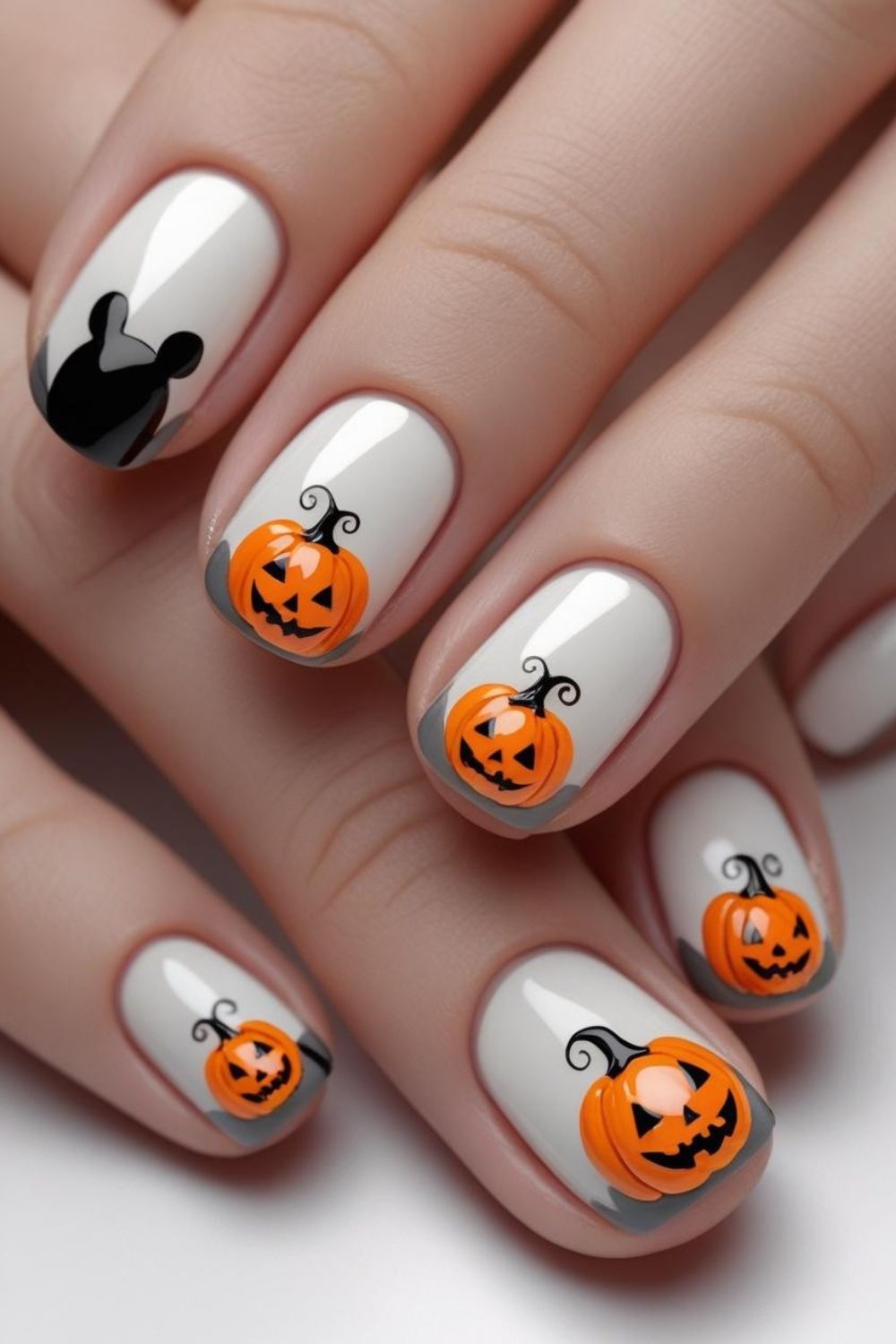 A close-up of hands with white nails featuring Halloween nail art: three nails have orange jack-o-lantern pumpkins, and one nail has a black bat design. The designs are playful and festive.