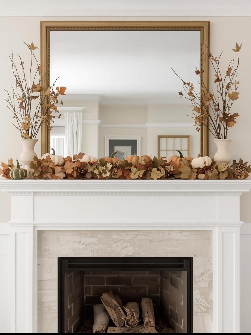 A white fireplace mantel decorated with autumn leaves, pinecones, and pumpkins in neutral tones, with two vases holding tall branches and a large mirror hanging above.