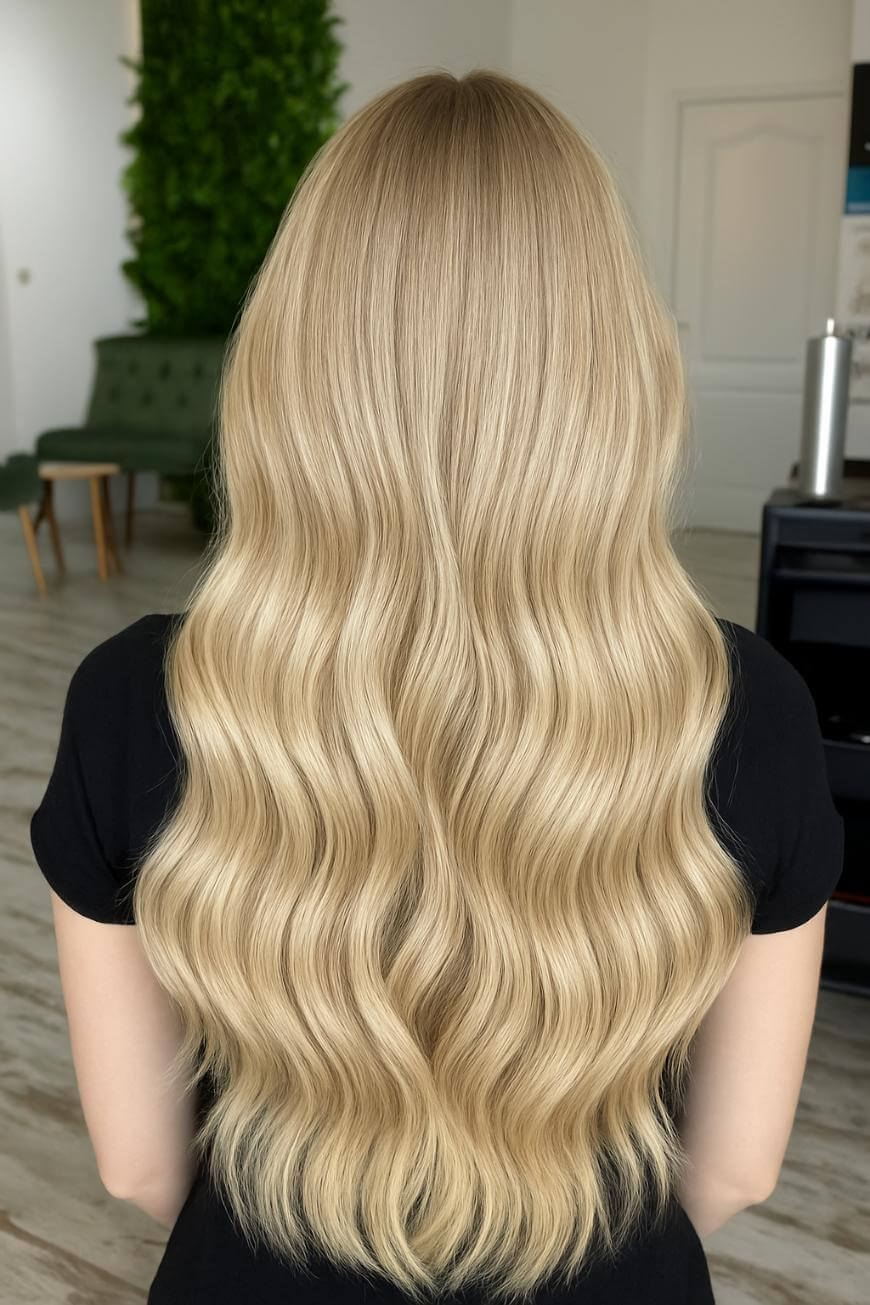 A person with long, wavy, blonde hair is shown from behind, standing indoors. The hair is shiny and well-groomed, cascading down their back. The room has a green plant wall, light wood floor, and modern furniture.