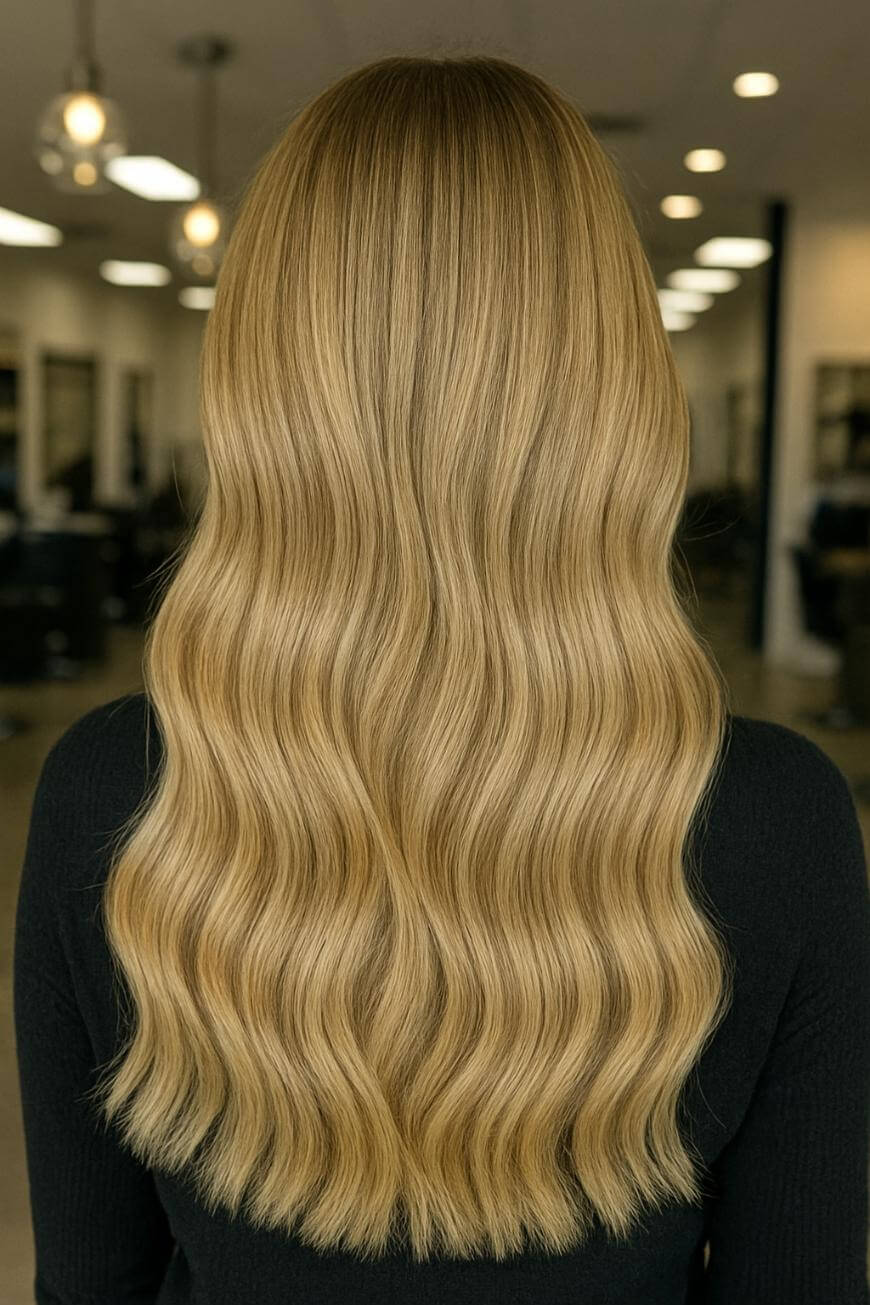 A person with long, wavy, blonde hair is shown from the back, standing indoors in a well-lit salon, wearing a black top.