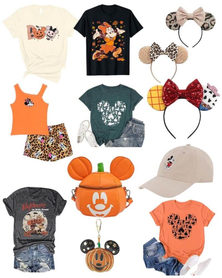 A collage of Disney-themed Halloween outfits and accessories, including character t-shirts, shorts, headbands with ears, a pumpkin-shaped bag, a keychain, and a beige cap, all with autumn and Halloween motifs.